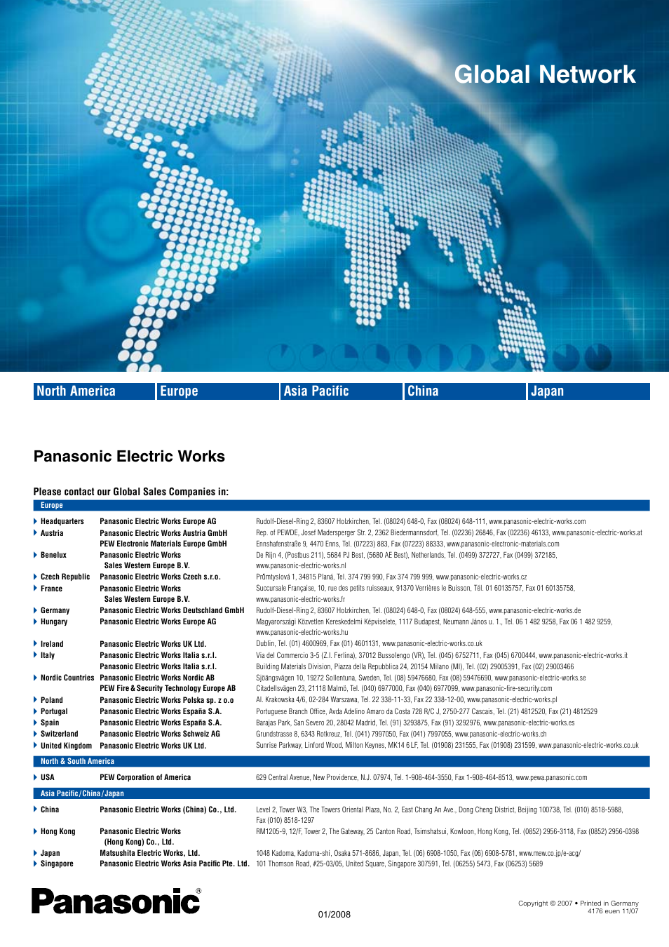 Global network, Panasonic electric works, Asia pacific china japan north america europe | Panasonic Programmable Controllers FP-X Series User Manual | Page 24 / 24