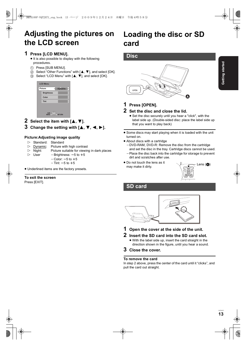 Adjusting the pictures on the lcd screen, Loading the disc or sd card, Disc sd card | Panasonic DMP-B100 User Manual | Page 13 / 36