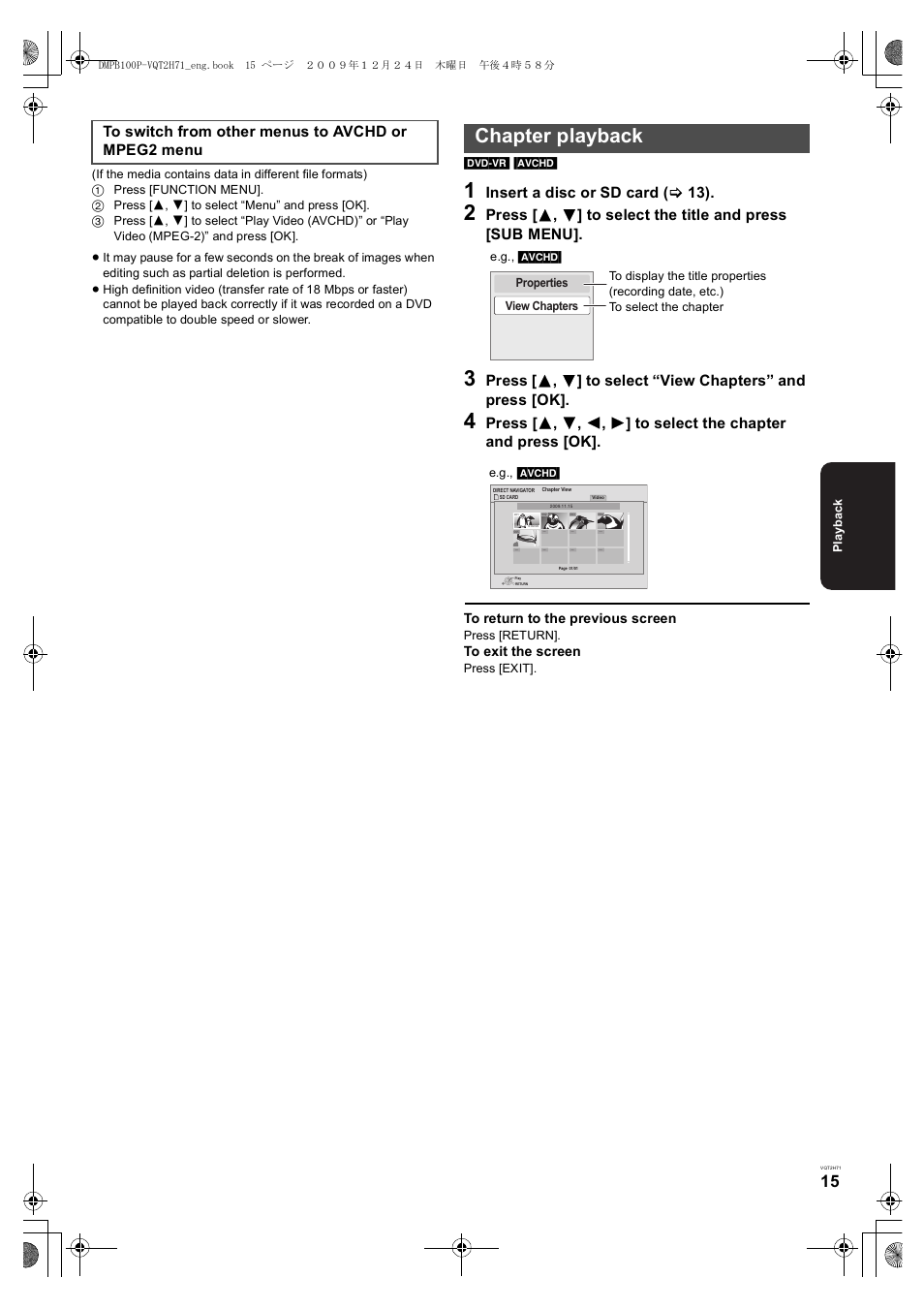 Chapter playback, Insert a disc or sd card ( > 13) | Panasonic DMP-B100 User Manual | Page 15 / 36