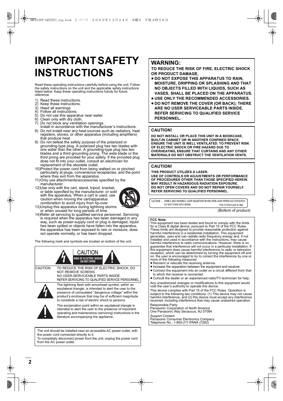 Getting started, Important safety instructions, Caution warning | Panasonic DMP-B100 User Manual | Page 2 / 36