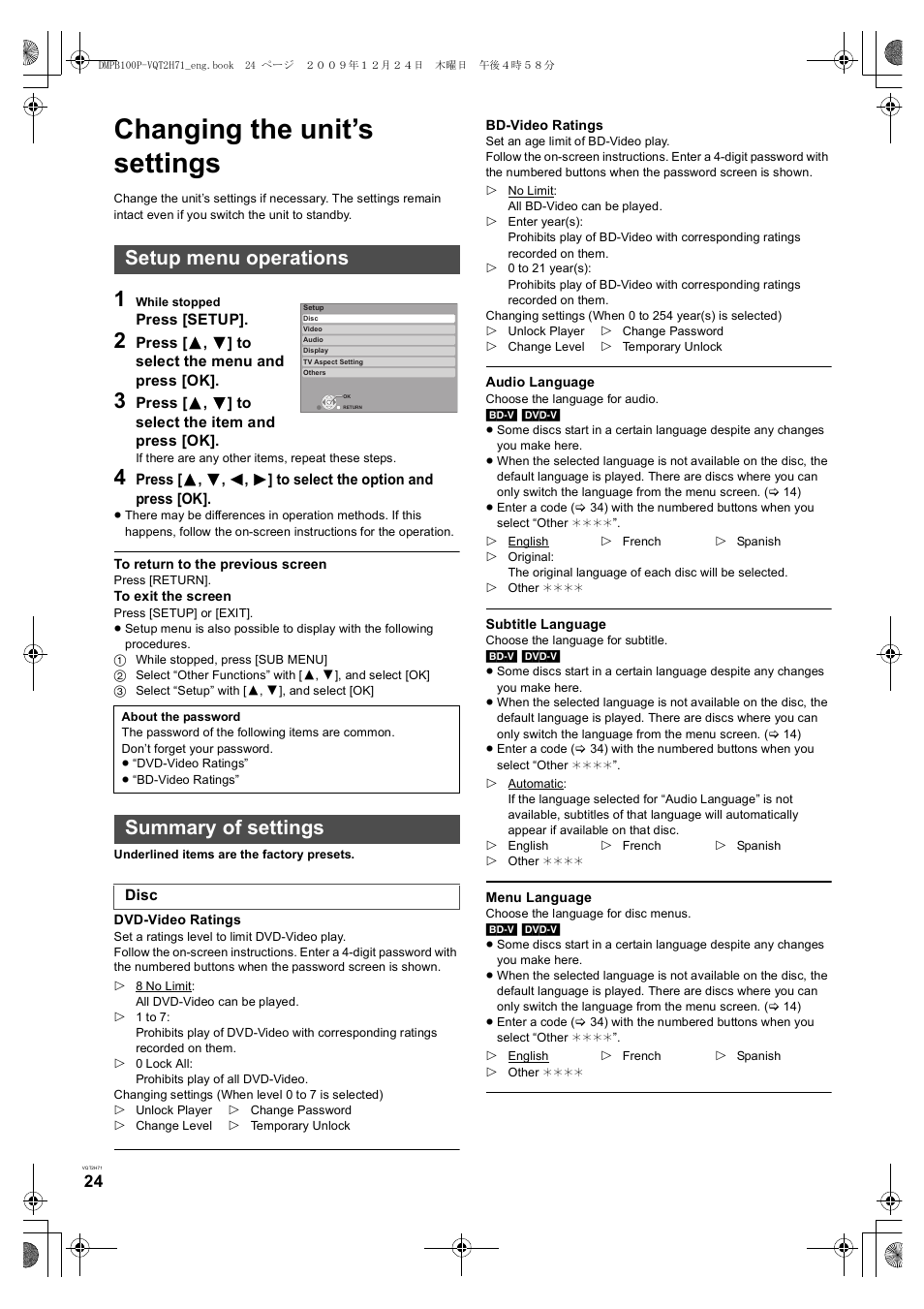 Settings, Changing the unit’s settings, Setup menu operations | Summary of settings | Panasonic DMP-B100 User Manual | Page 24 / 36