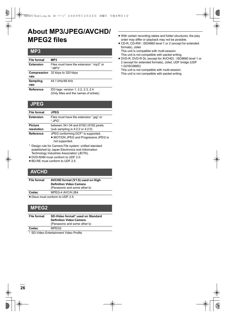 Reference, About mp3/jpeg/avchd/ mpeg2 files, Jpeg | Avchd, Mpeg2 | Panasonic DMP-B100 User Manual | Page 26 / 36