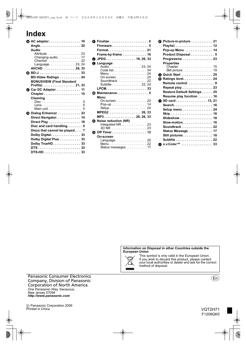 Index | Panasonic DMP-B100 User Manual | Page 36 / 36