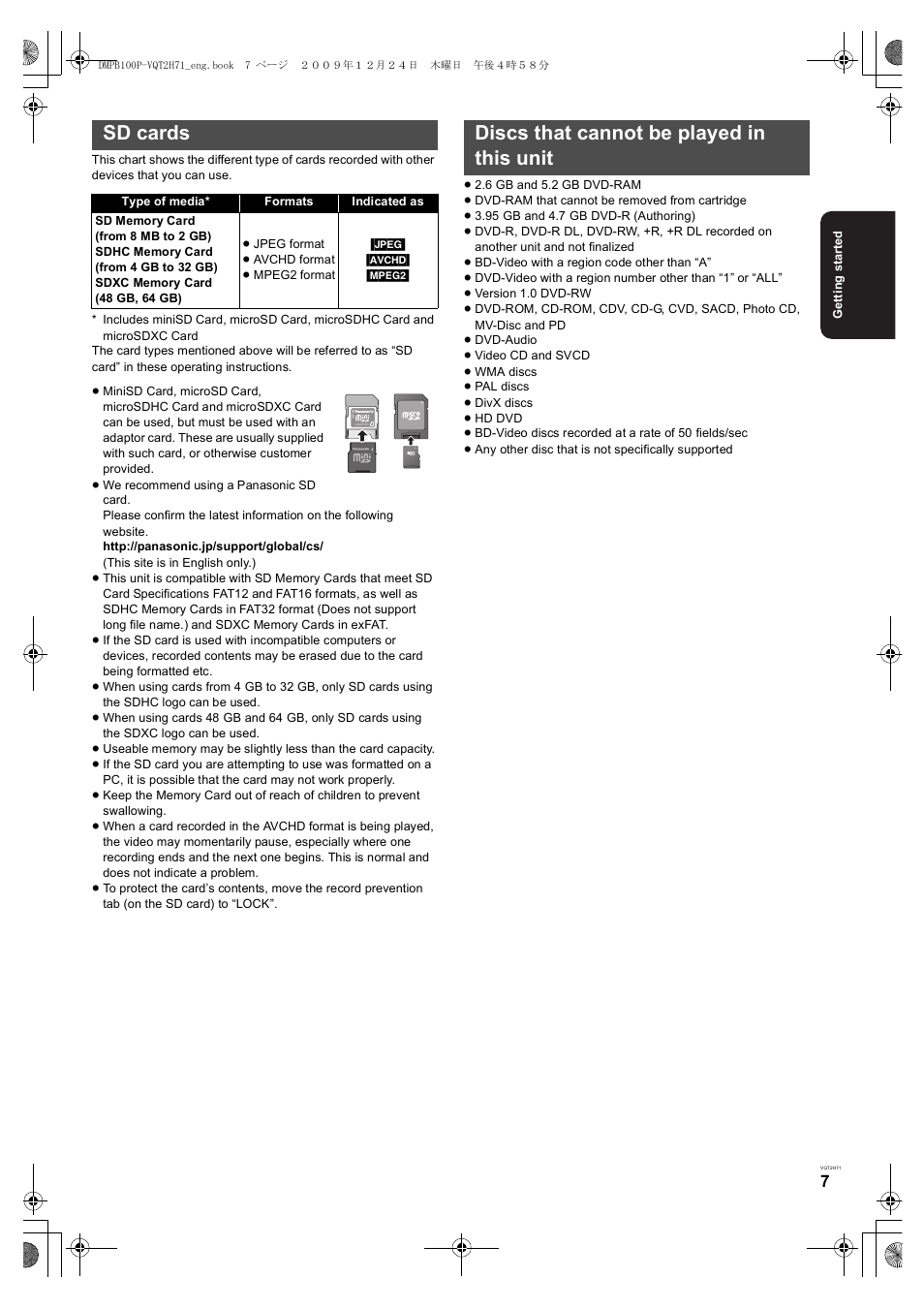 Sd cards, Discs that cannot be played in this unit | Panasonic DMP-B100 User Manual | Page 7 / 36