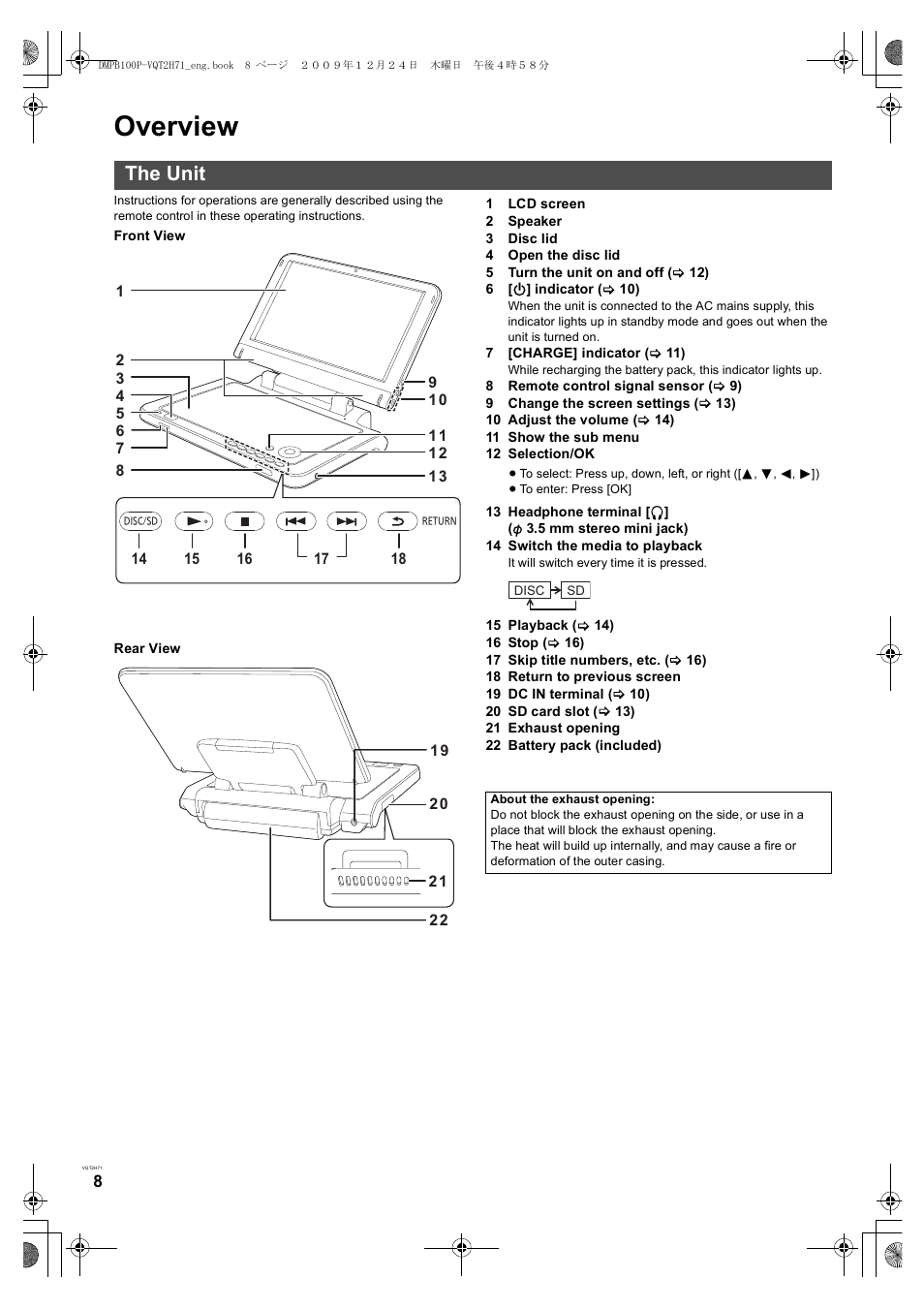 Overview, The unit | Panasonic DMP-B100 User Manual | Page 8 / 36