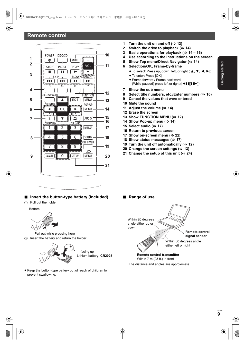 Remote control | Panasonic DMP-B100 User Manual | Page 9 / 36