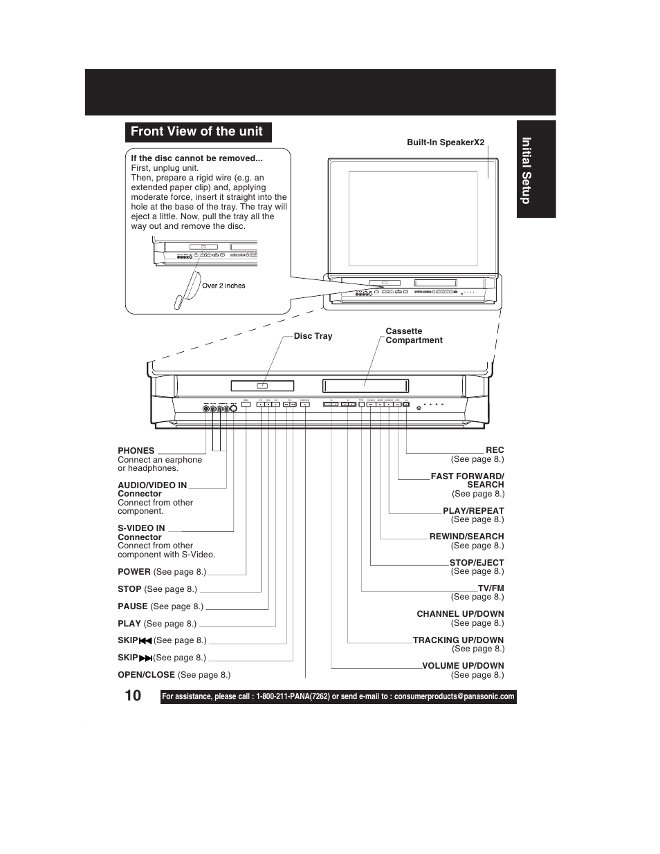 Front view of the unit, Initial setup | Panasonic PV-DF2002 User Manual | Page 10 / 75