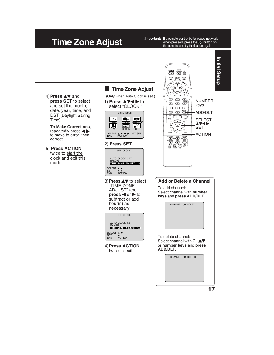 Time zone adjust, Initial setup | Panasonic PV-DF2002 User Manual | Page 17 / 75