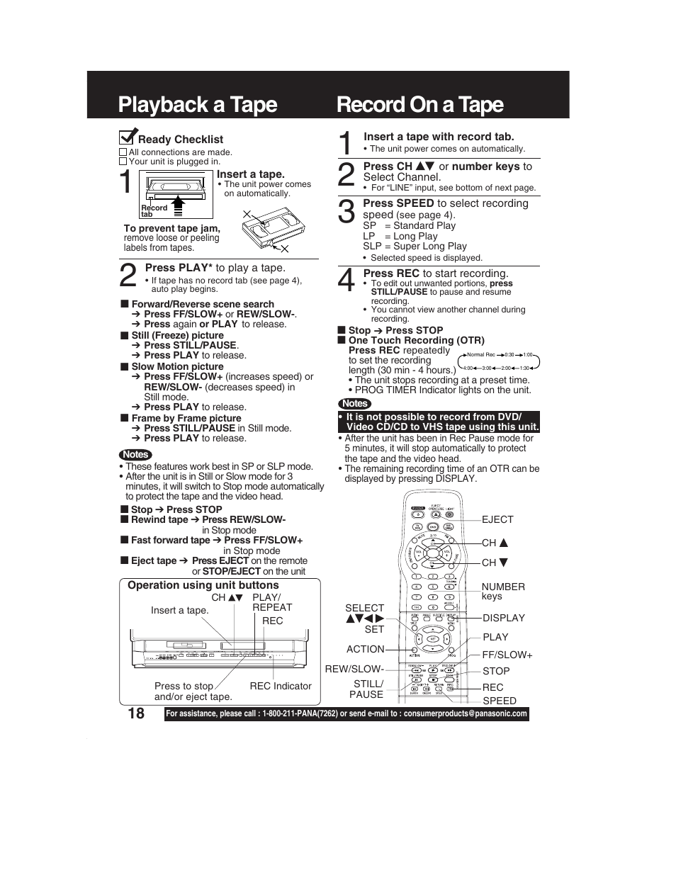 Basic operation (tv / vcr) (dvd), Playback a tape, Record on a tape | Record on a tape playback a tape | Panasonic PV-DF2002 User Manual | Page 18 / 75