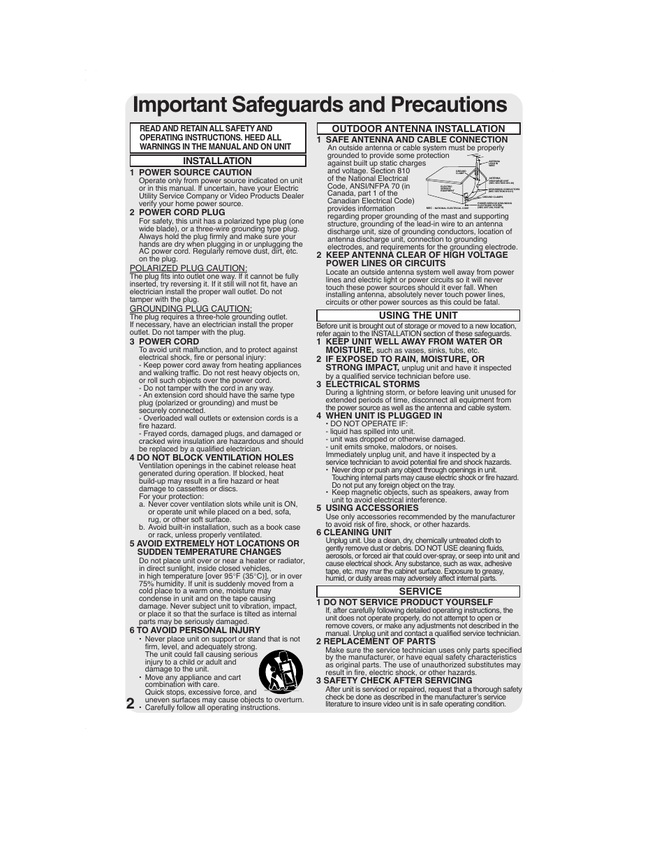 Initial setup (tv / vcr), Important safeguards and precautions, Installation | Outdoor antenna installation, Using the unit, Service | Panasonic PV-DF2002 User Manual | Page 2 / 75