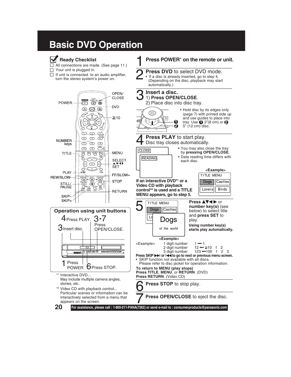 Basic dvd operation, Dogs, Press play to start play | Panasonic PV-DF2002 User Manual | Page 20 / 75