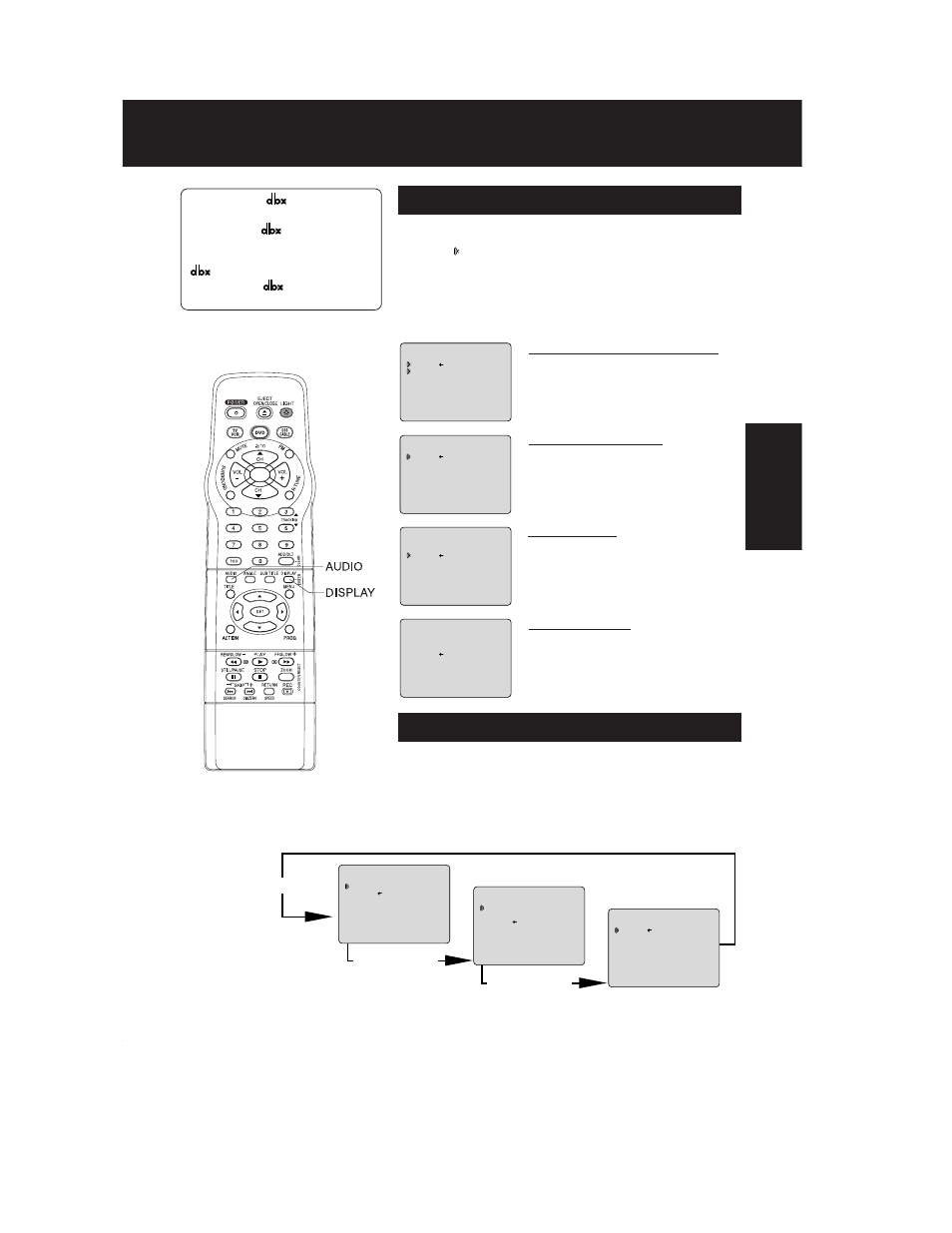 Mts broadcast / tv stereo system, Receivable broadcast types, Audio mode for tv viewing | Tv operation, The broadcast signal being received, Example, Press display to display, Arrow shows selection.), Press audio | Panasonic PV-DF2002 User Manual | Page 23 / 75