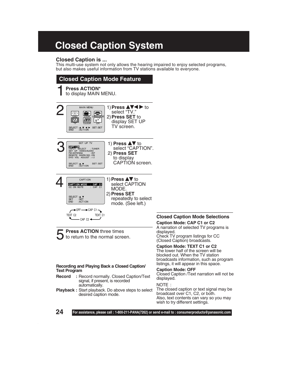 Closed caption system, Closed caption mode feature, Closed caption is | Panasonic PV-DF2002 User Manual | Page 24 / 75