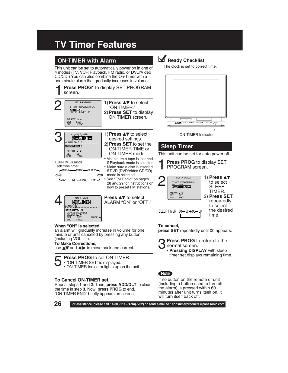 Tv timer features, On-timer with alarm, Sleep timer | Panasonic PV-DF2002 User Manual | Page 26 / 75