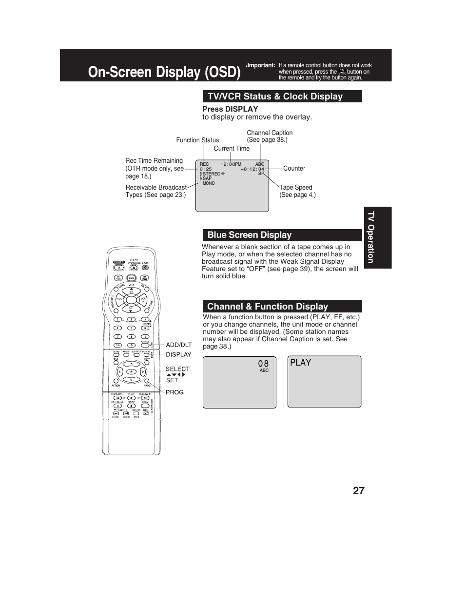 On-screen display (osd), Tv/vcr status & clock display, Blue screen display | Channel & function display play | Panasonic PV-DF2002 User Manual | Page 27 / 75