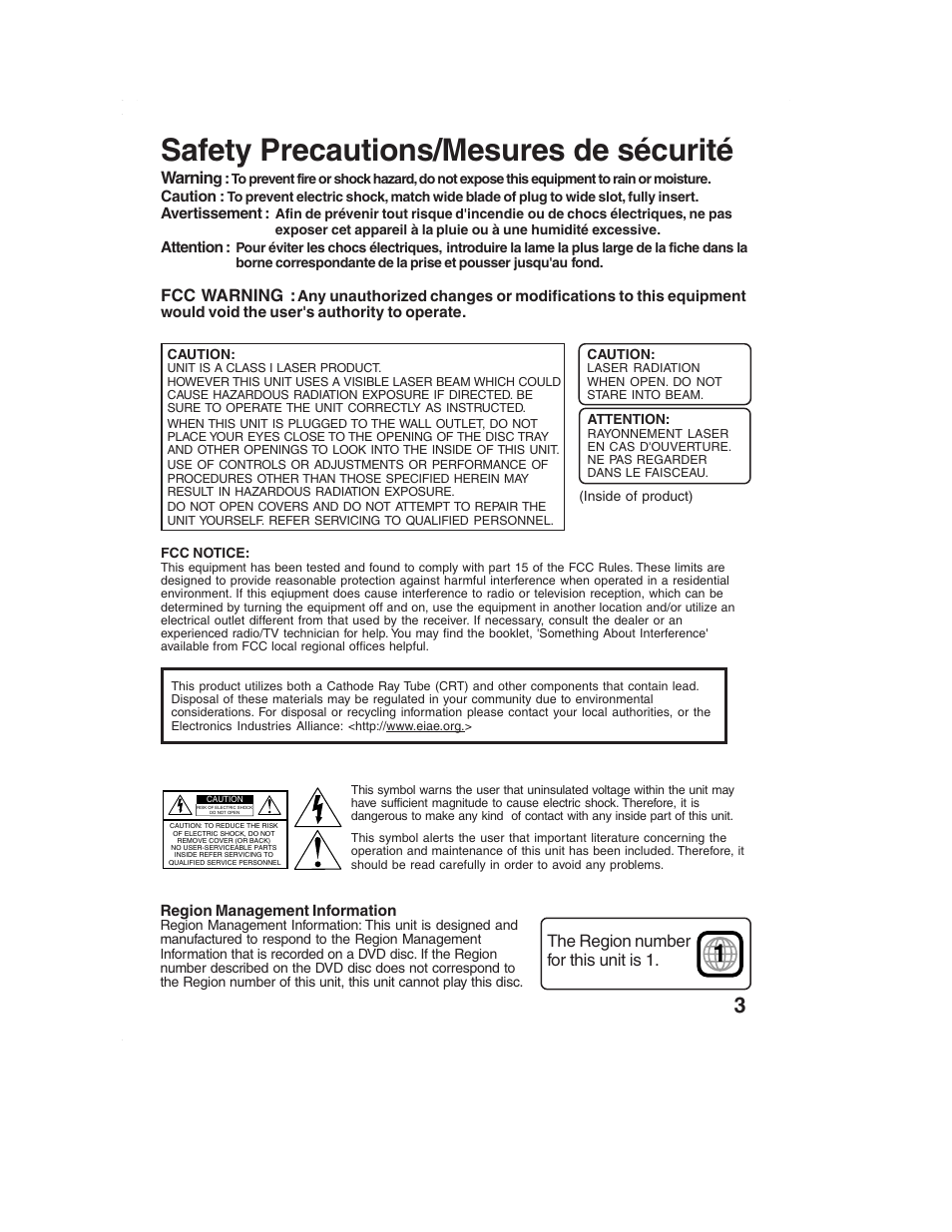 Safety precautions/mesures de sécurité, Fcc warning, The region number for this unit is 1 | Warnin | Panasonic PV-DF2002 User Manual | Page 3 / 75