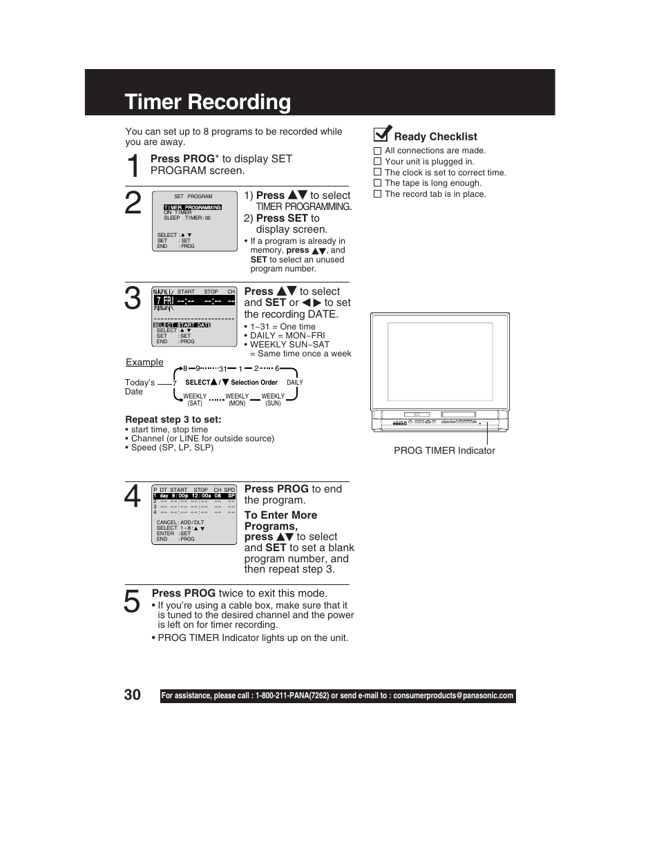 Timer operation (tv / vcr), Timer recording | Panasonic PV-DF2002 User Manual | Page 30 / 75