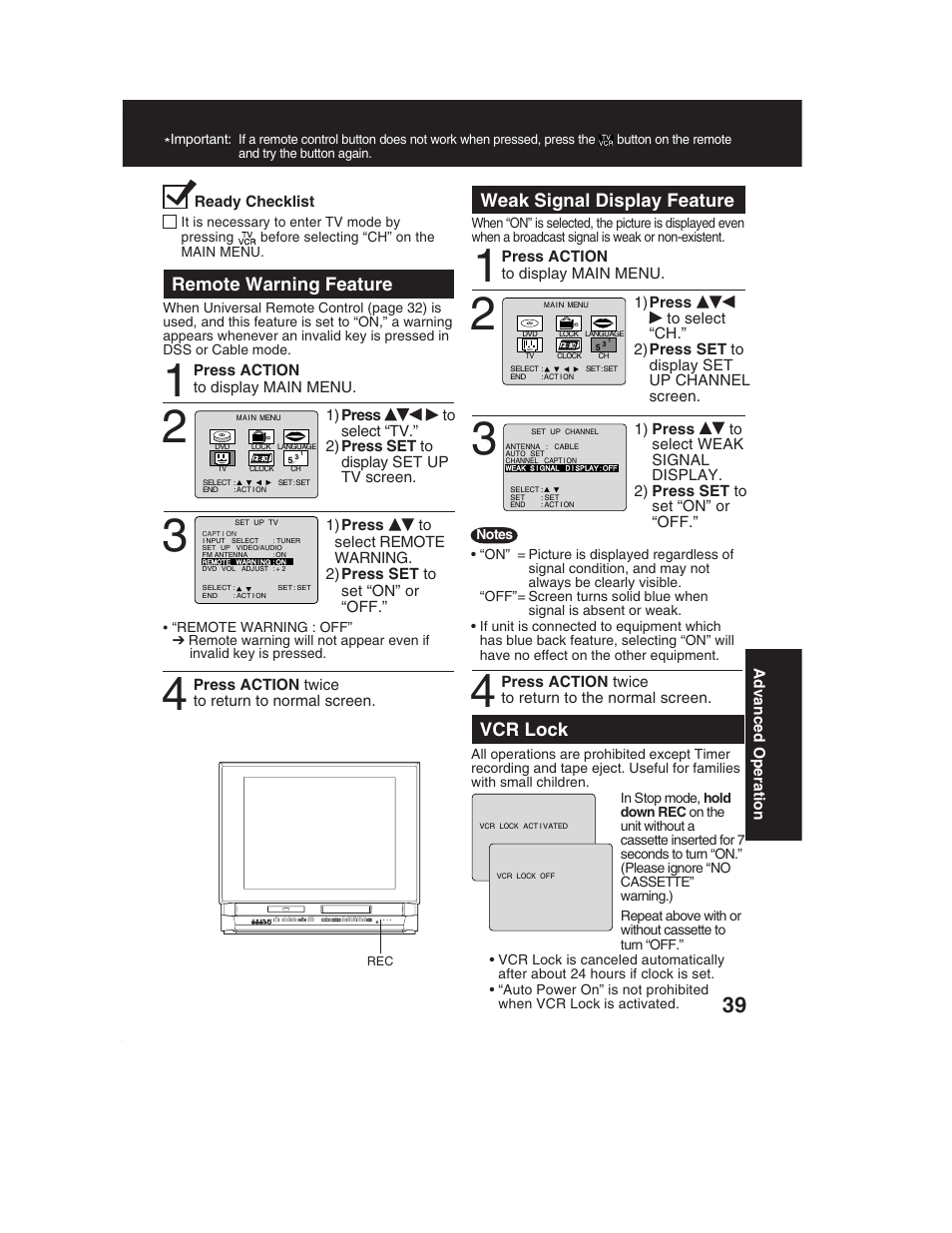 Remote warning feature, Weak signal display feature, Vcr lock | Panasonic PV-DF2002 User Manual | Page 39 / 75