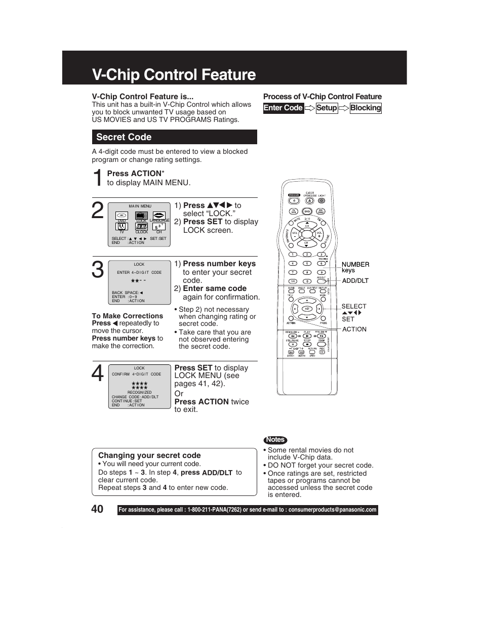 V-chip control feature, Secret code | Panasonic PV-DF2002 User Manual | Page 40 / 75