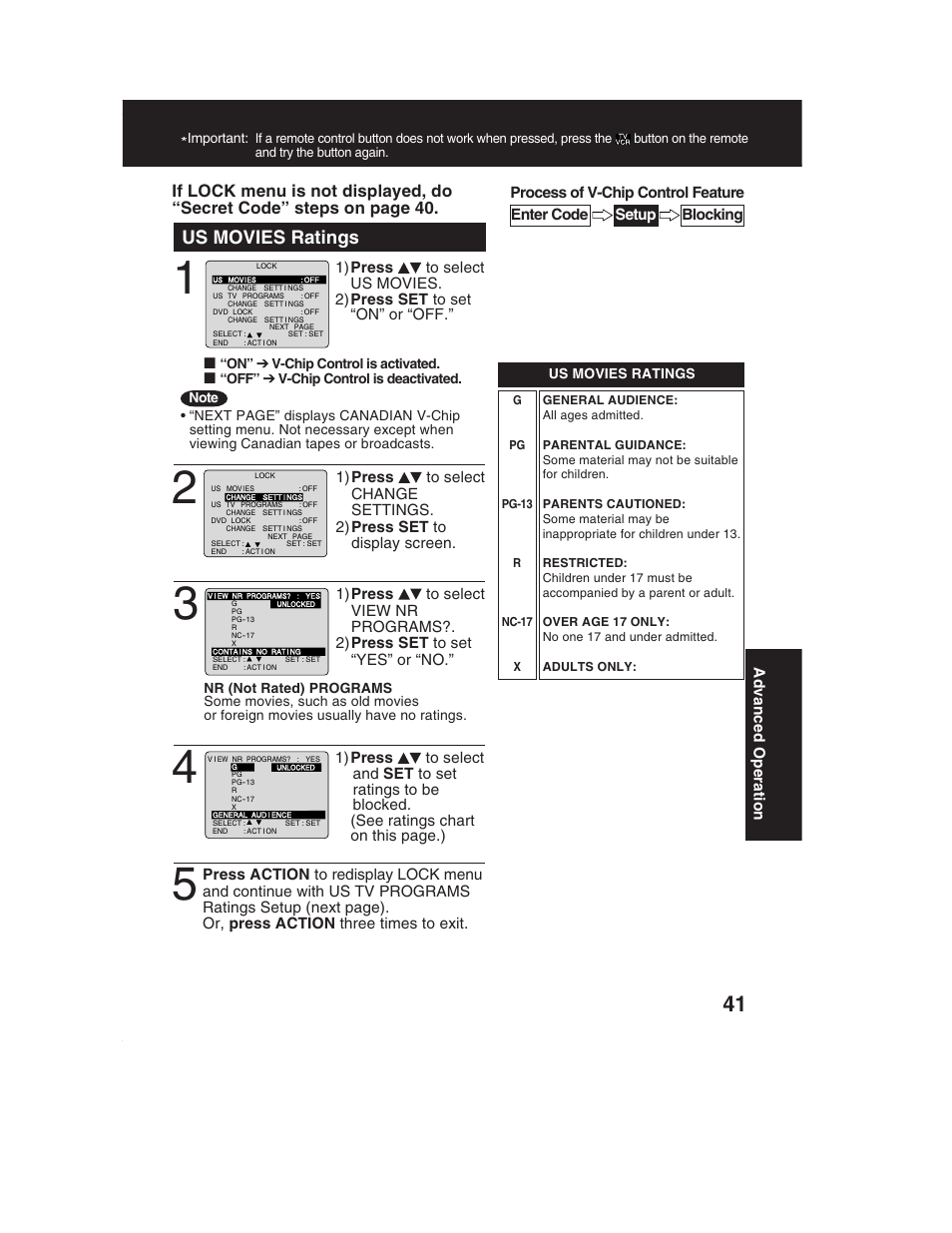 Us movies ratings, If lock menu is not displayed, do, Secret code” steps on pag e 40 | Panasonic PV-DF2002 User Manual | Page 41 / 75