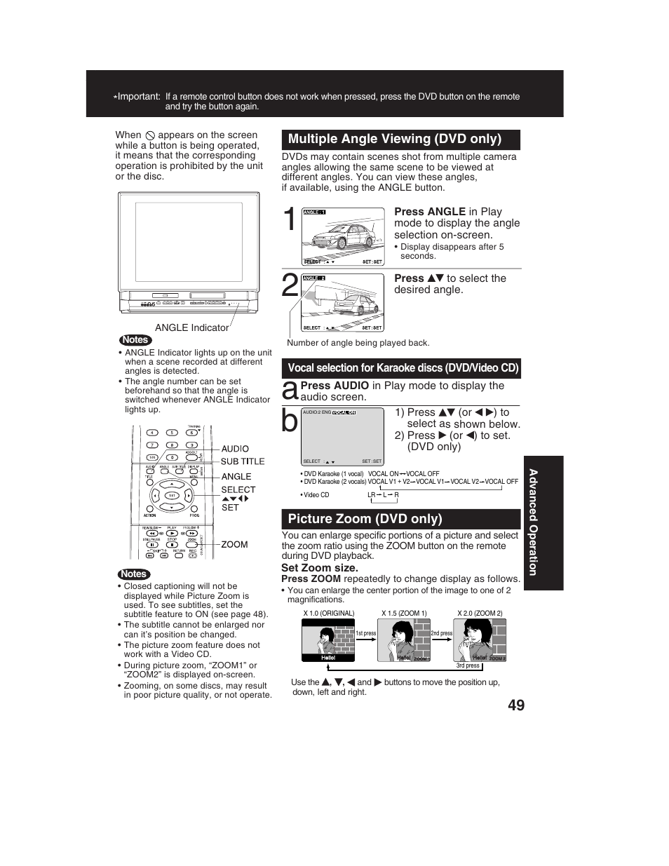 Multiple angle viewing (dvd only), Picture zoom (dvd only) | Panasonic PV-DF2002 User Manual | Page 49 / 75