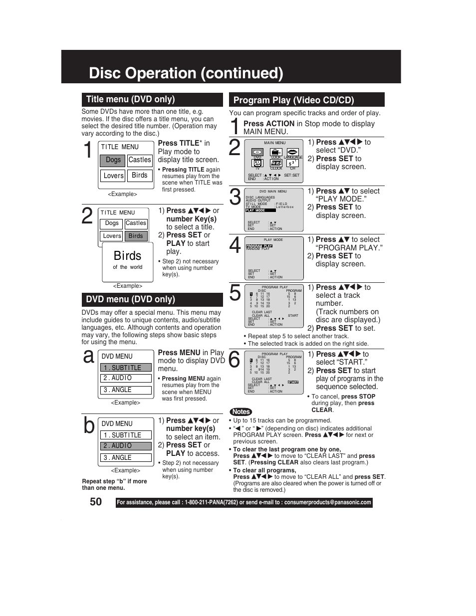 Disc operation (continued), Title menu (dvd only), Dvd menu (dvd only) | Program play (video cd/cd), Press title * in play mode to display title screen, Es love, Sdogs b, Press action in stop mode to display main menu | Panasonic PV-DF2002 User Manual | Page 50 / 75