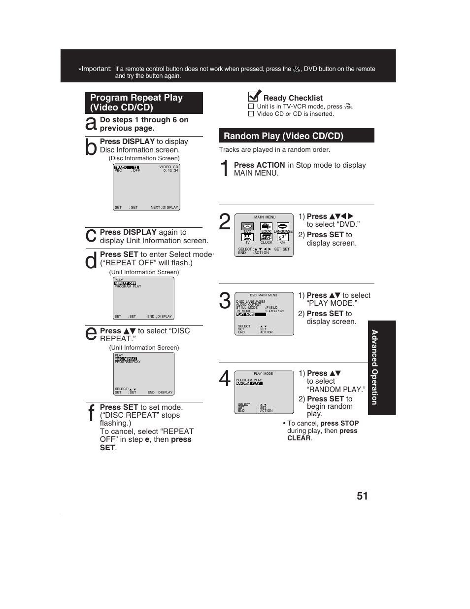 Program repeat play (video cd/cd), Random play (video cd/cd) | Panasonic PV-DF2002 User Manual | Page 51 / 75