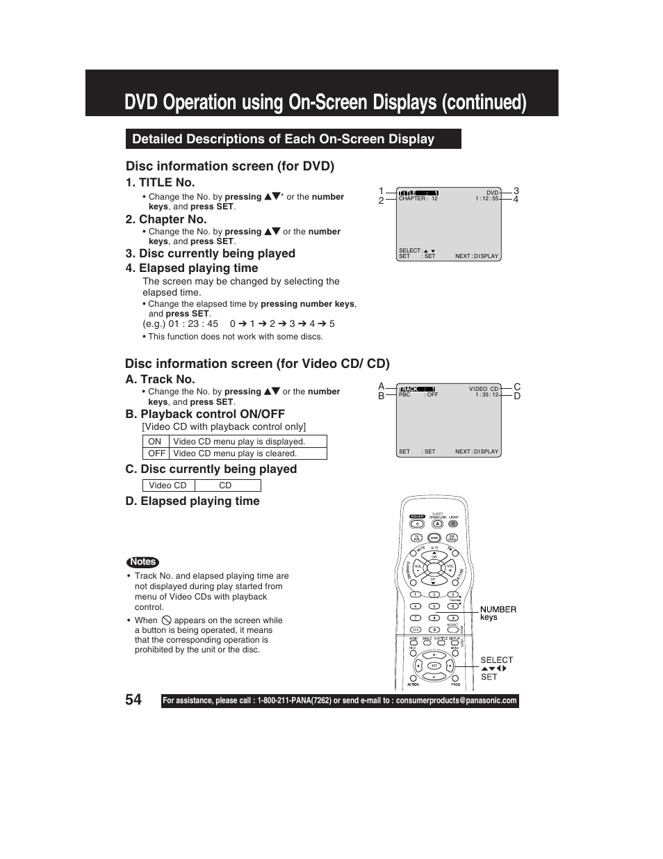 Dvd operation using on-screen displays (continued), Detailed descriptions of each on-screen display, Disc information screen (for dvd) | Disc information screen (for video cd/ cd), Title no, Chapter no, A. track no, B. playback control on/off | Panasonic PV-DF2002 User Manual | Page 54 / 75