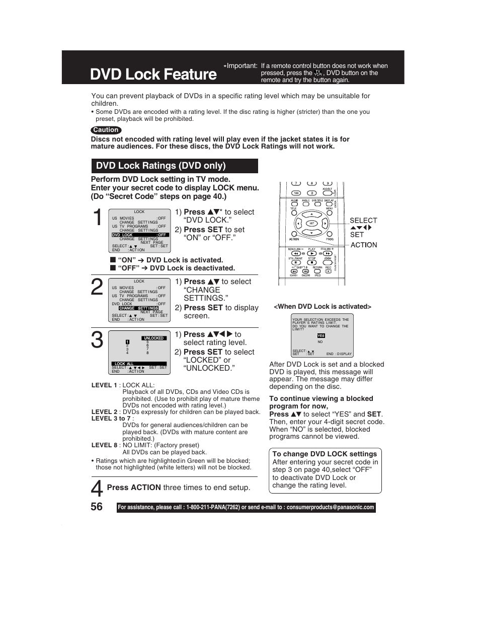 Dvd lock feature, Dvd lock ratings (dvd only) | Panasonic PV-DF2002 User Manual | Page 56 / 75