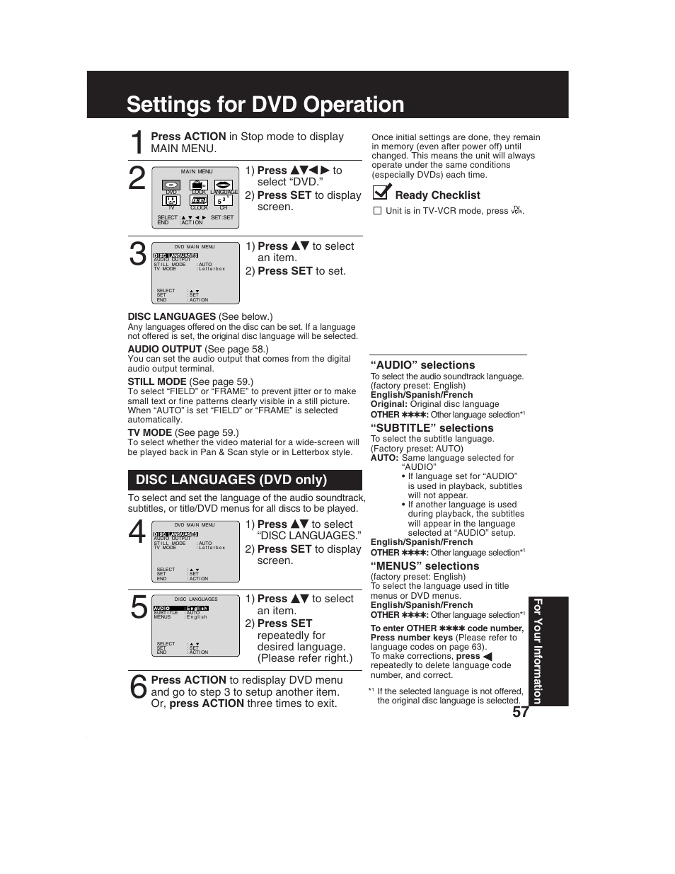 Settings for dvd operation, Disc languages (dvd only) | Panasonic PV-DF2002 User Manual | Page 57 / 75