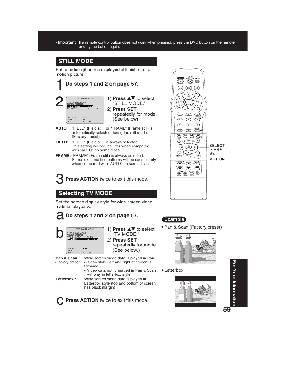 Still mode, Selecting tv mode | Panasonic PV-DF2002 User Manual | Page 59 / 75