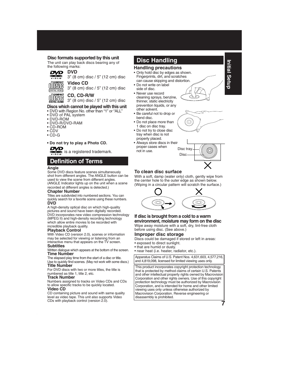 Definition of terms, Disc handling, Initial setup | Panasonic PV-DF2002 User Manual | Page 7 / 75