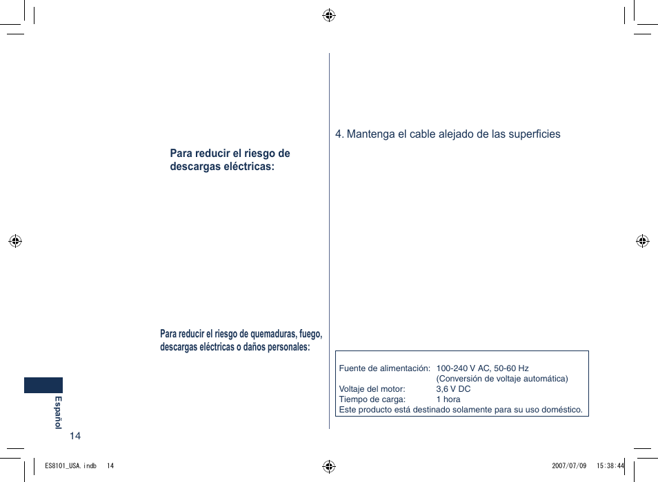 Instrucciones de seguridad importantes, Peligro, Advertencia | Guarde estas instrucciones | Panasonic ES8101 User Manual | Page 14 / 20