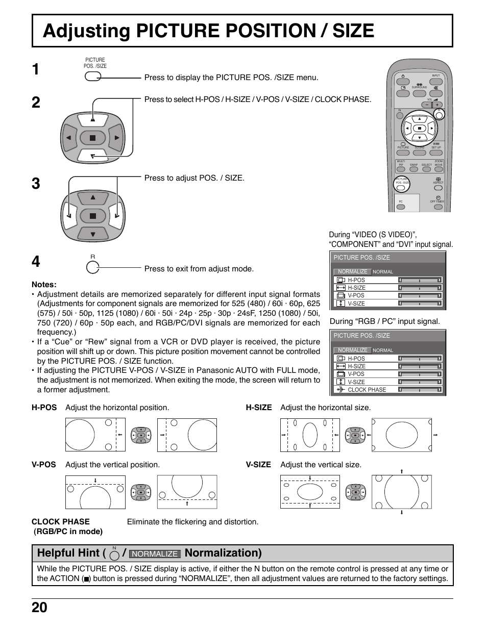 Adjusting picture position / size, Helpful hint, Normalization) | Panasonic H-37PWD7UY User Manual | Page 20 / 44
