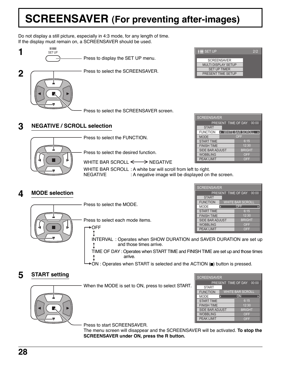 Screensaver (for preventing after-images), Screensaver, For preventing after-images) | Mode selection negative / scroll selection, Start setting | Panasonic H-37PWD7UY User Manual | Page 28 / 44