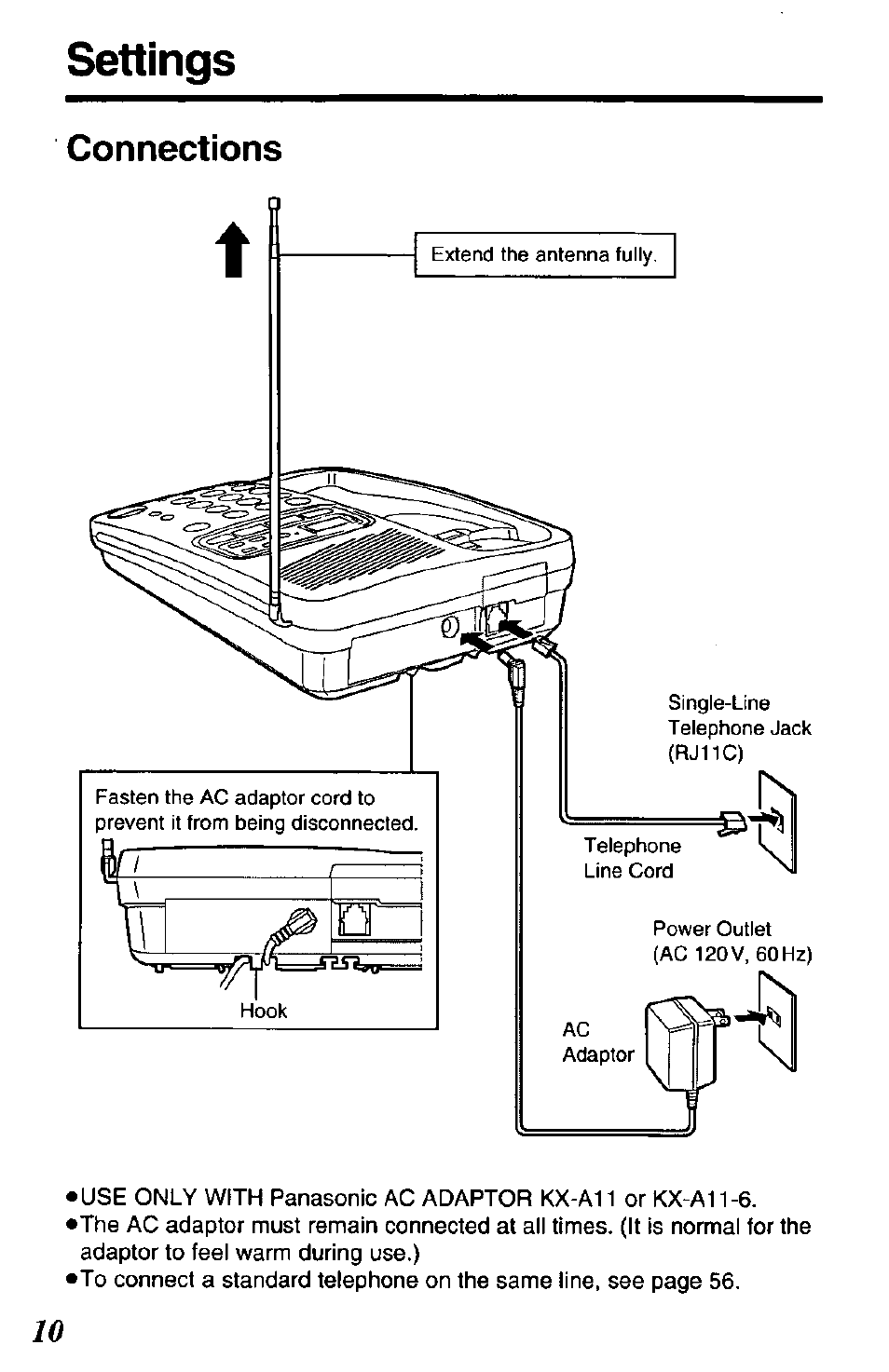 Settings, Connections | Panasonic KX-TCM424-W User Manual | Page 10 / 64