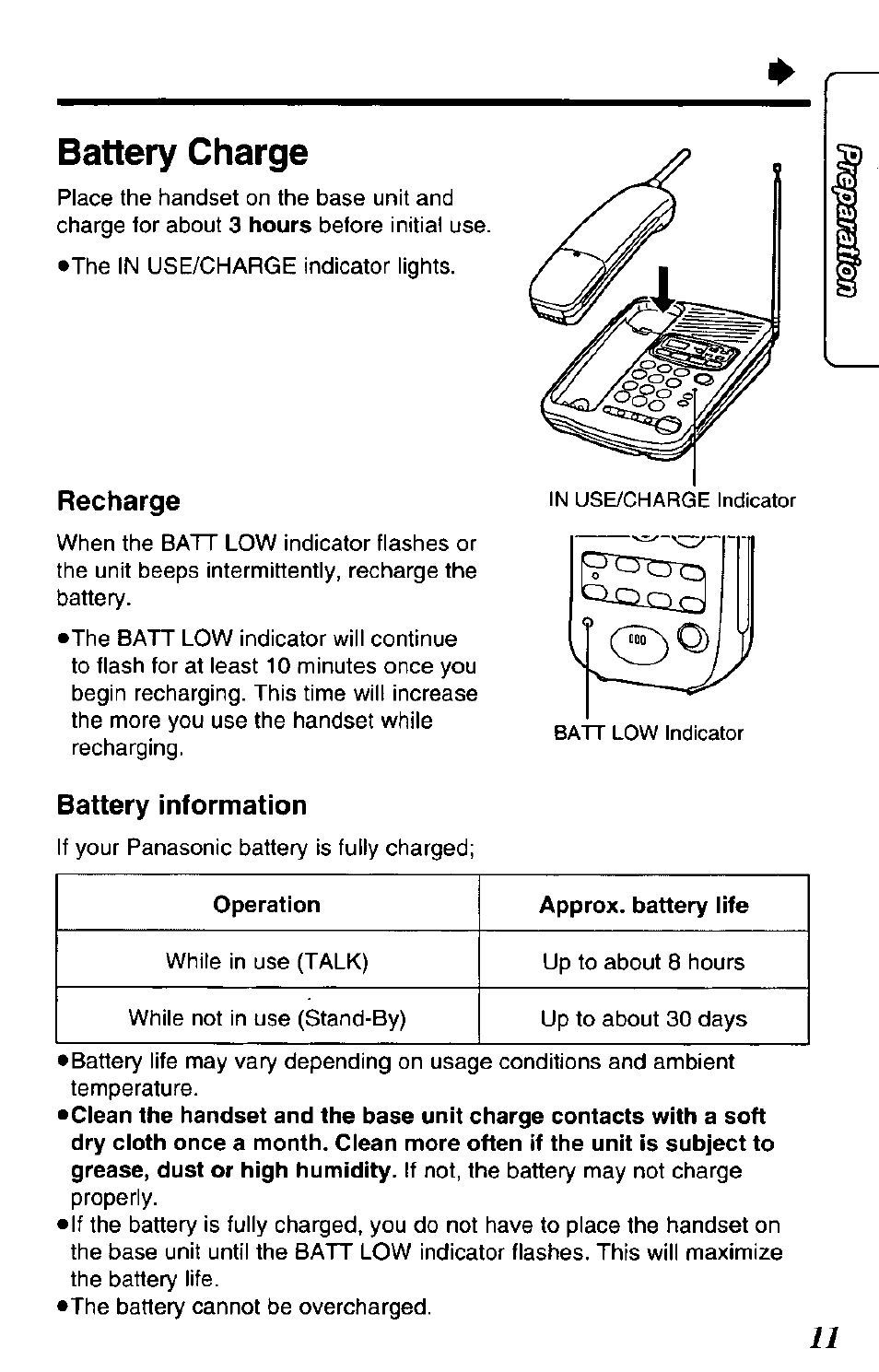 Recharge, Battery information, Battery charge | Panasonic KX-TCM424-W User Manual | Page 11 / 64