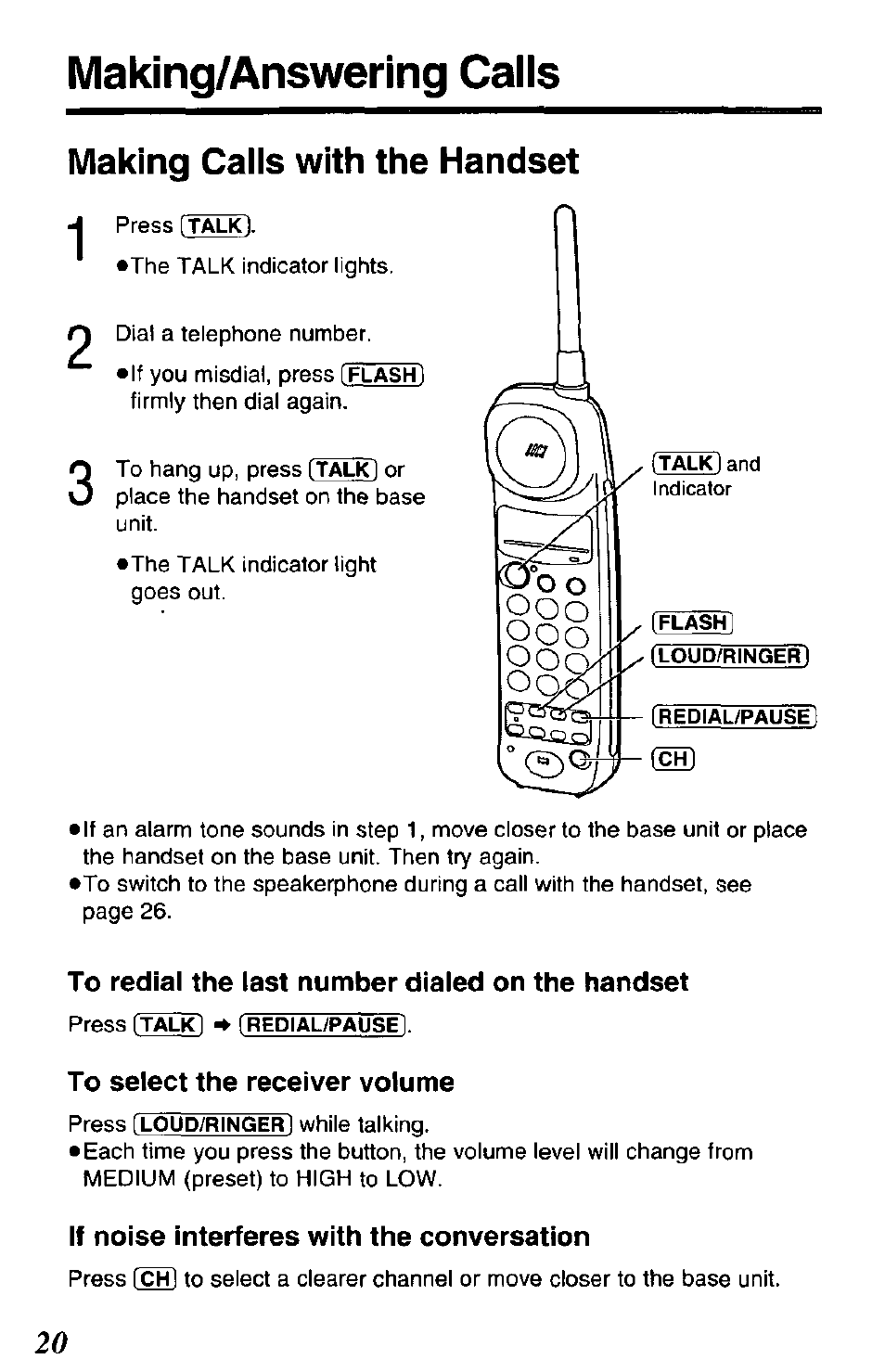 To redial the last number dialed on the handset, To select the receiver volume, If noise interferes with the conversation | Making/answering calls, Making calls with the handset, Fla^l | Panasonic KX-TCM424-W User Manual | Page 20 / 64