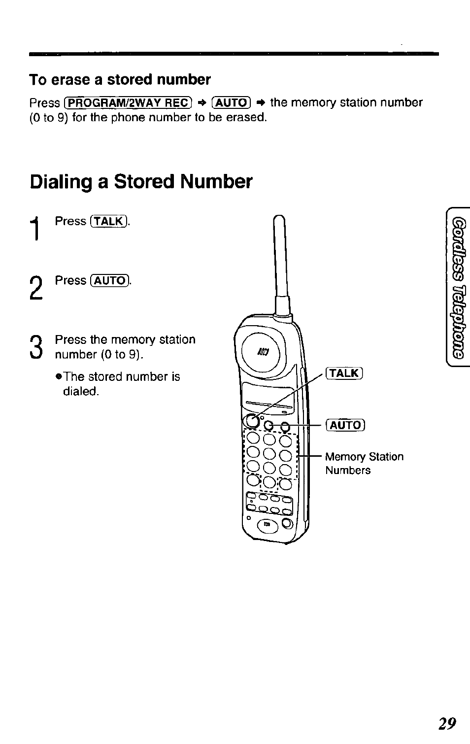 Dialing a stored number | Panasonic KX-TCM424-W User Manual | Page 29 / 64