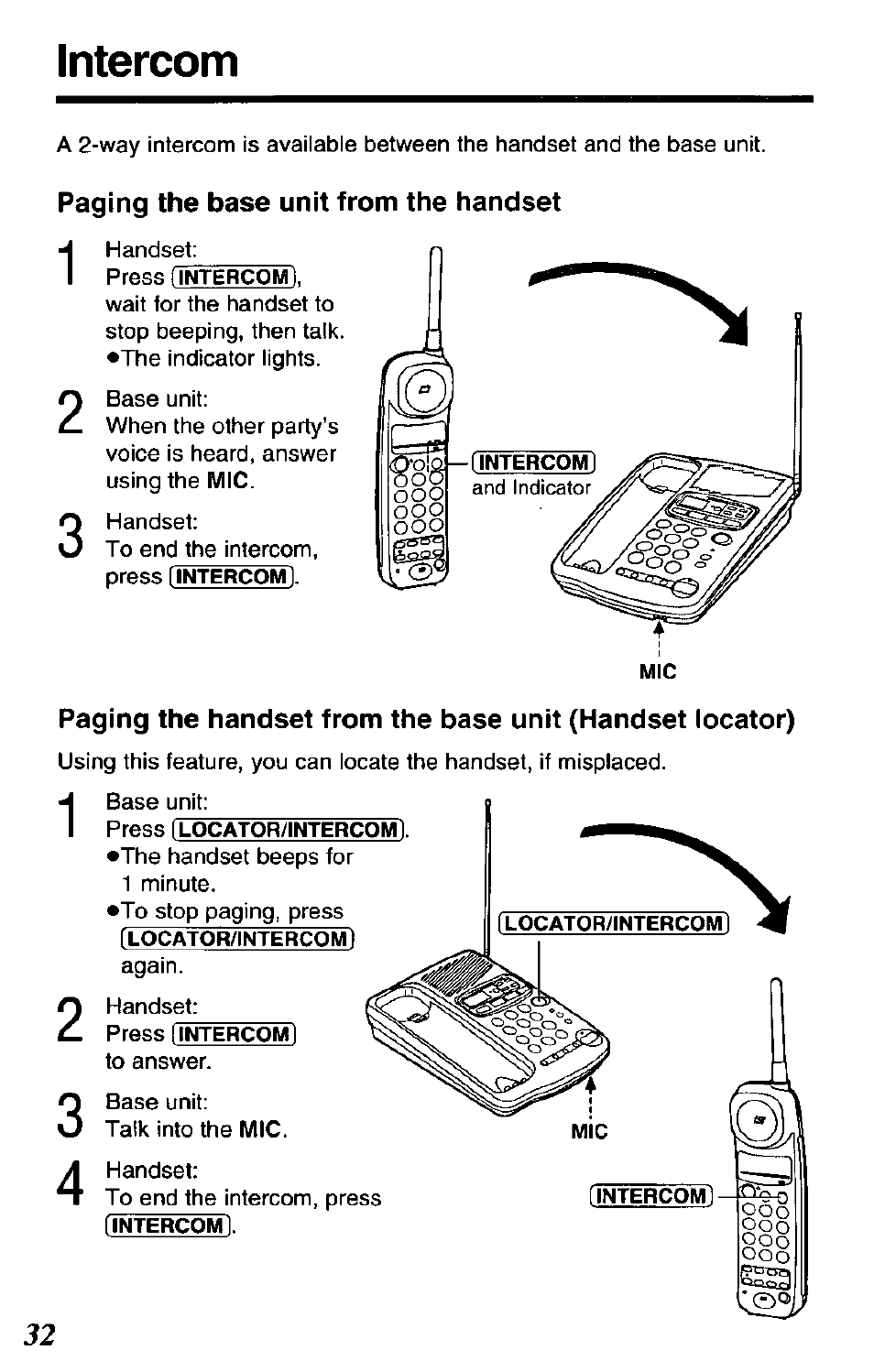 Paging the base unit from the handset, Intercom | Panasonic KX-TCM424-W User Manual | Page 32 / 64