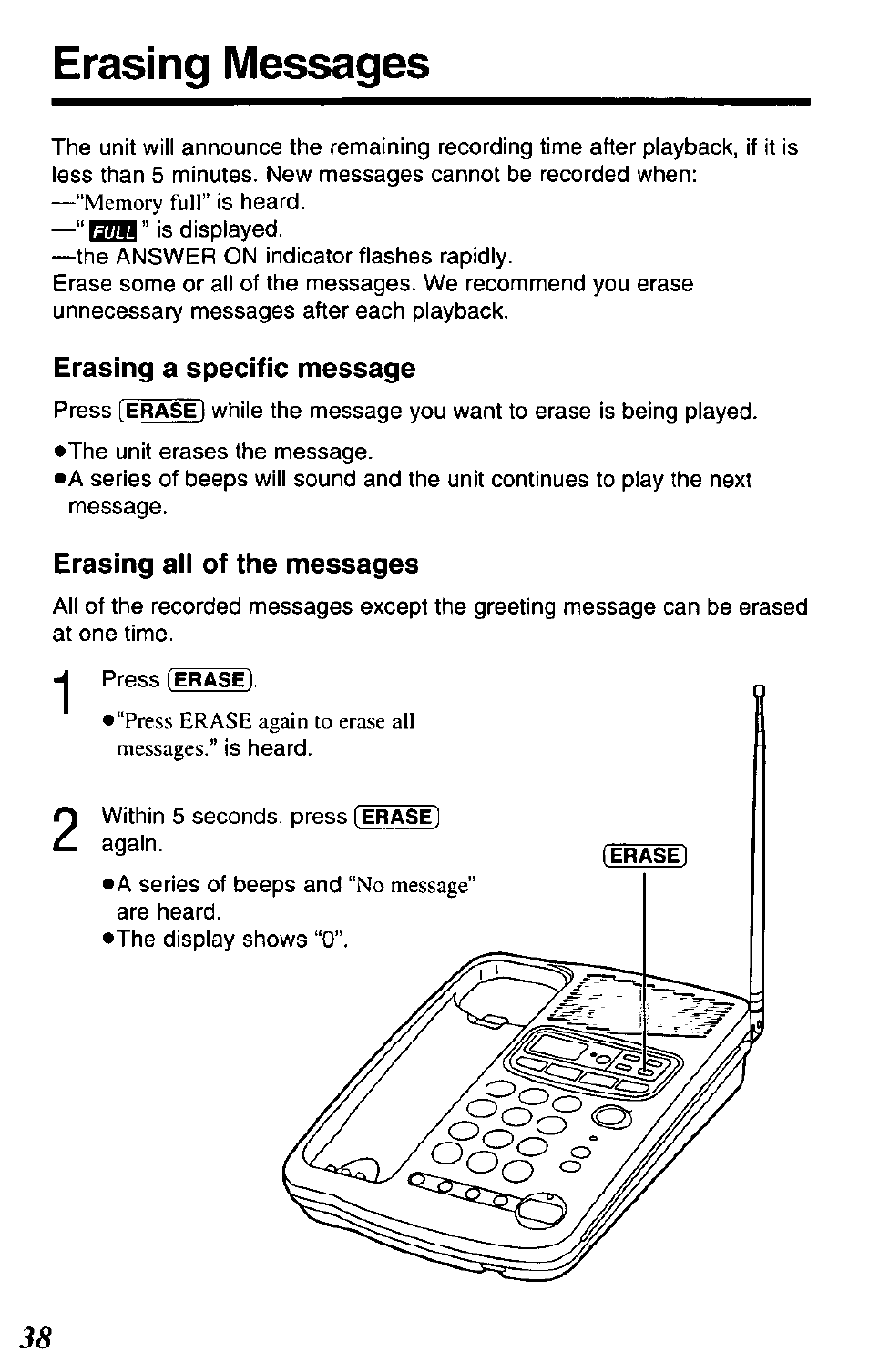 Erasing a specific message, Erasing all of the messages, Erasing messages | Panasonic KX-TCM424-W User Manual | Page 38 / 64