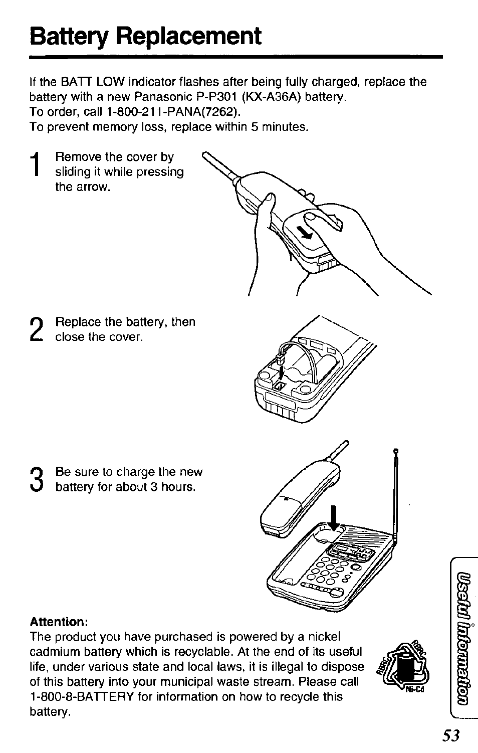 Attention, Battery replacement | Panasonic KX-TCM424-W User Manual | Page 53 / 64
