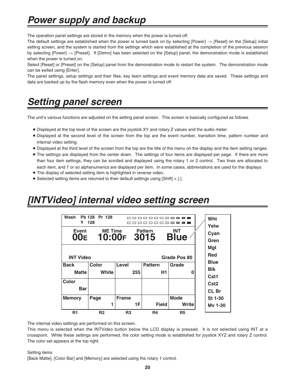 Power supply and backup, Setting panel screen, Intvideo] internal video setting screen | 3015 blue | Panasonic AG-MX70P User Manual | Page 20 / 100