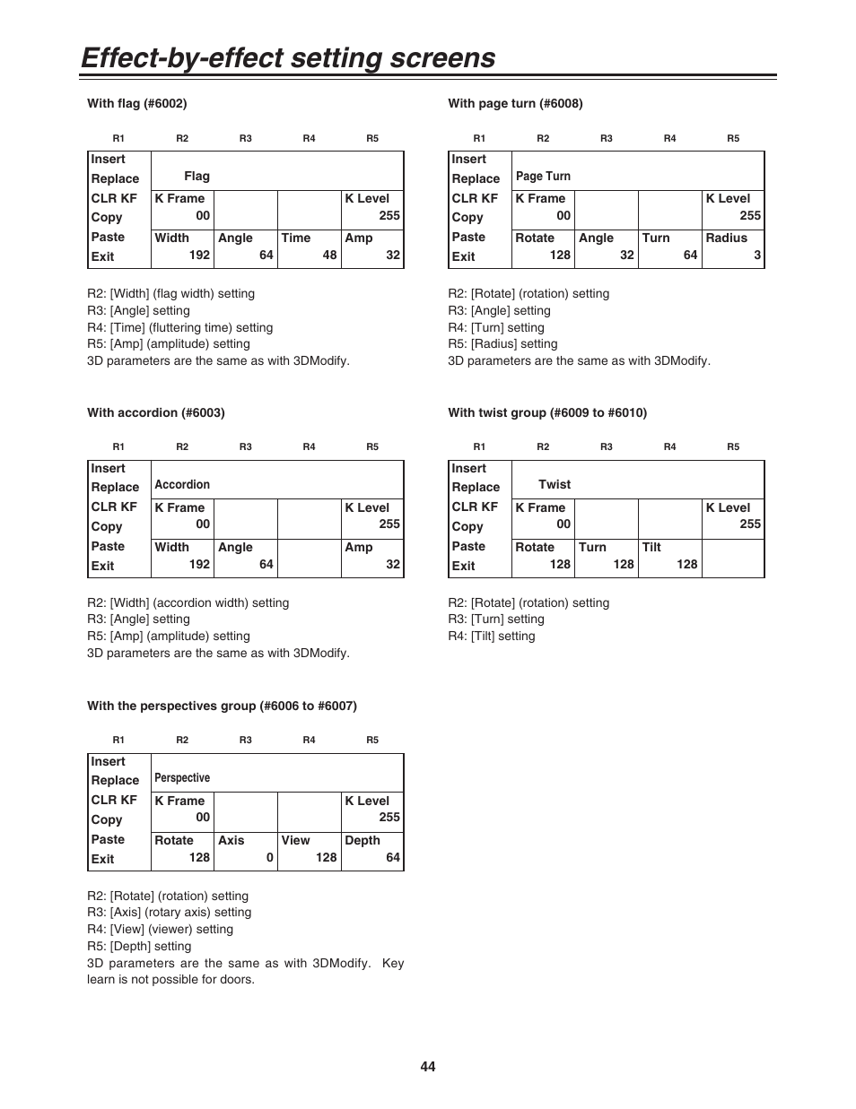 Effect-by-effect setting screens | Panasonic AG-MX70P User Manual | Page 44 / 100