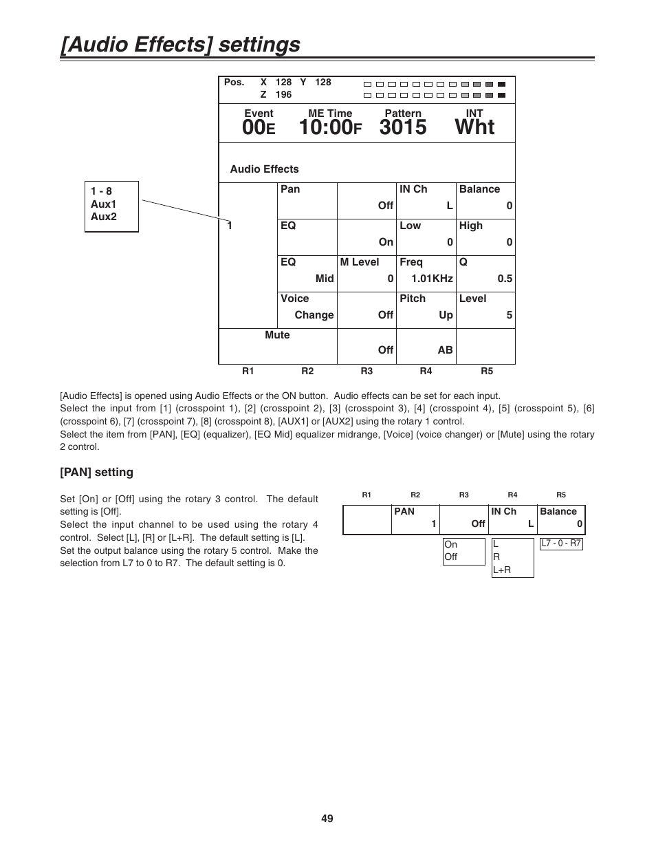 Audio effects] settings, Pan] settings, 3015 wht | Panasonic AG-MX70P User Manual | Page 49 / 100