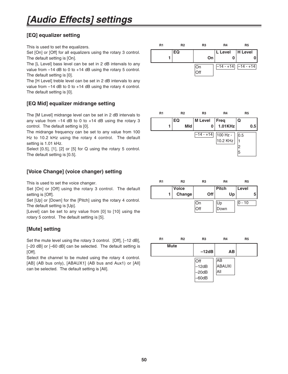 Eq] equalizer settings, Eq mid] equalizer midrange settings, Voice] (voice changer) settings | Mute] settings, Audio effects] settings, Eq mid] equalizer midrange setting, Voice change] (voice changer) setting, Mute] setting, Eq] equalizer setting | Panasonic AG-MX70P User Manual | Page 50 / 100