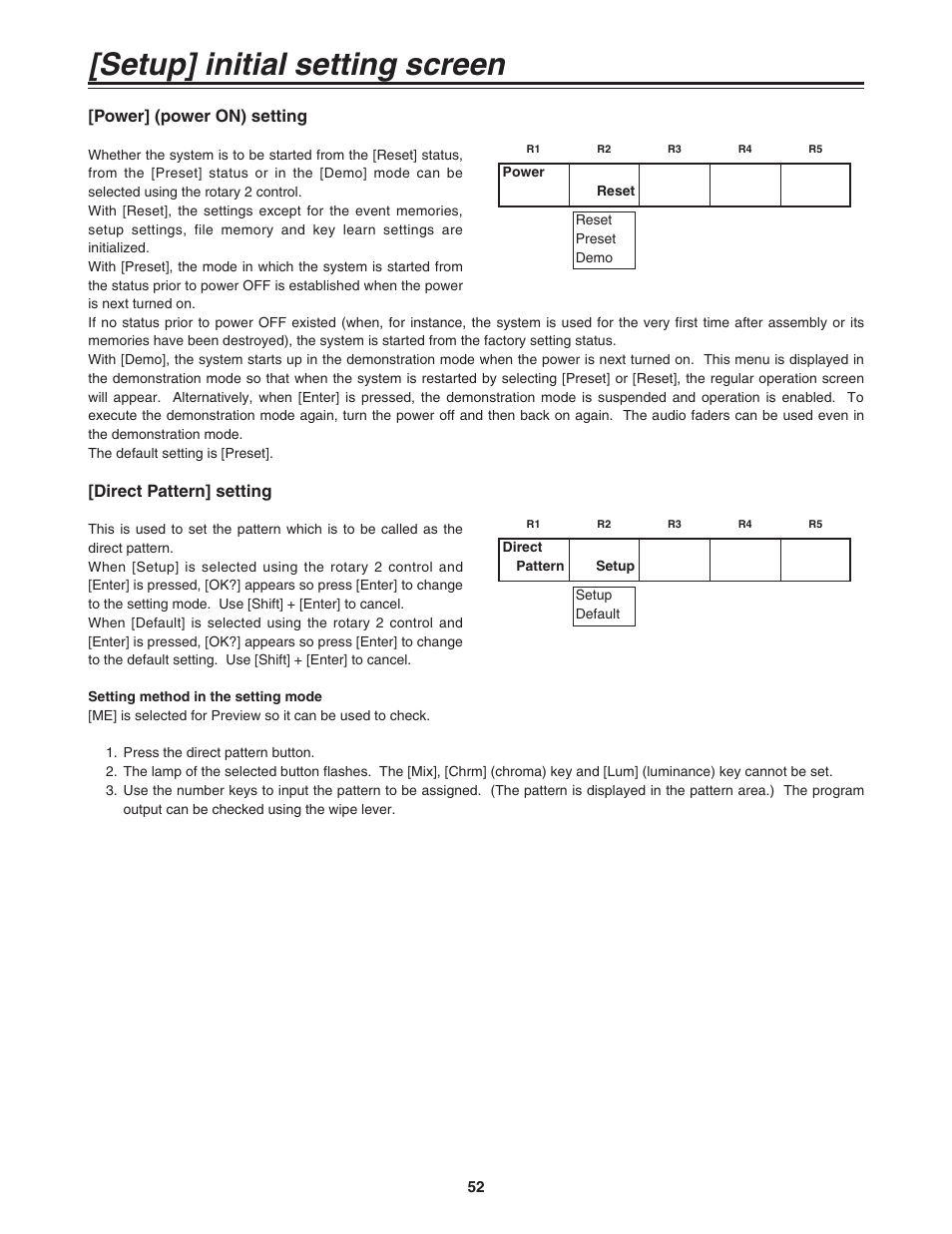 Power] (power on) setting, Direct pattern] setting, Setup] initial setting screen | Panasonic AG-MX70P User Manual | Page 52 / 100