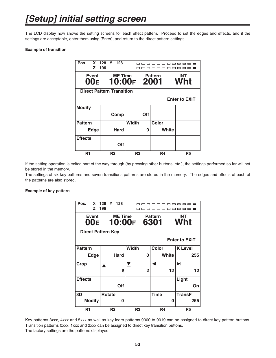 Setup] initial setting screen, 2001 wht, 6301 wht | Panasonic AG-MX70P User Manual | Page 53 / 100