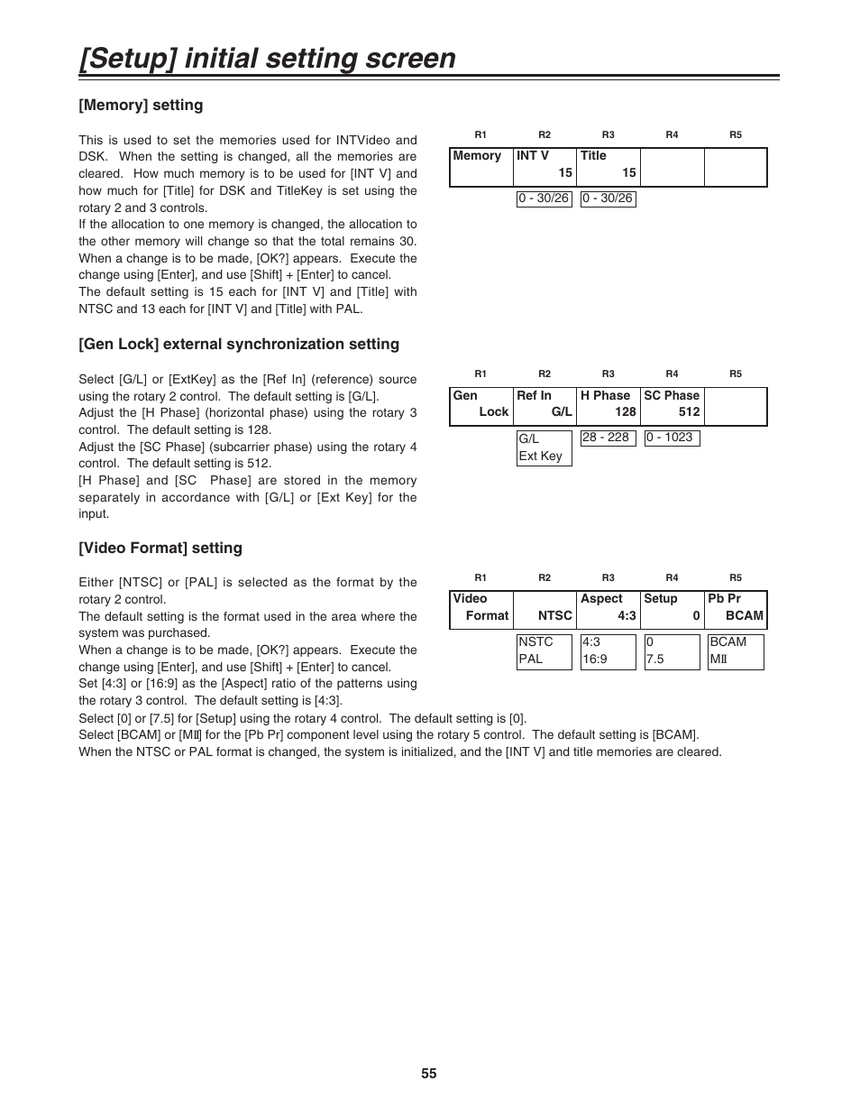 Memory] setting, Gen lock] external synchronization setting, Video format] setting | Setup] initial setting screen | Panasonic AG-MX70P User Manual | Page 55 / 100