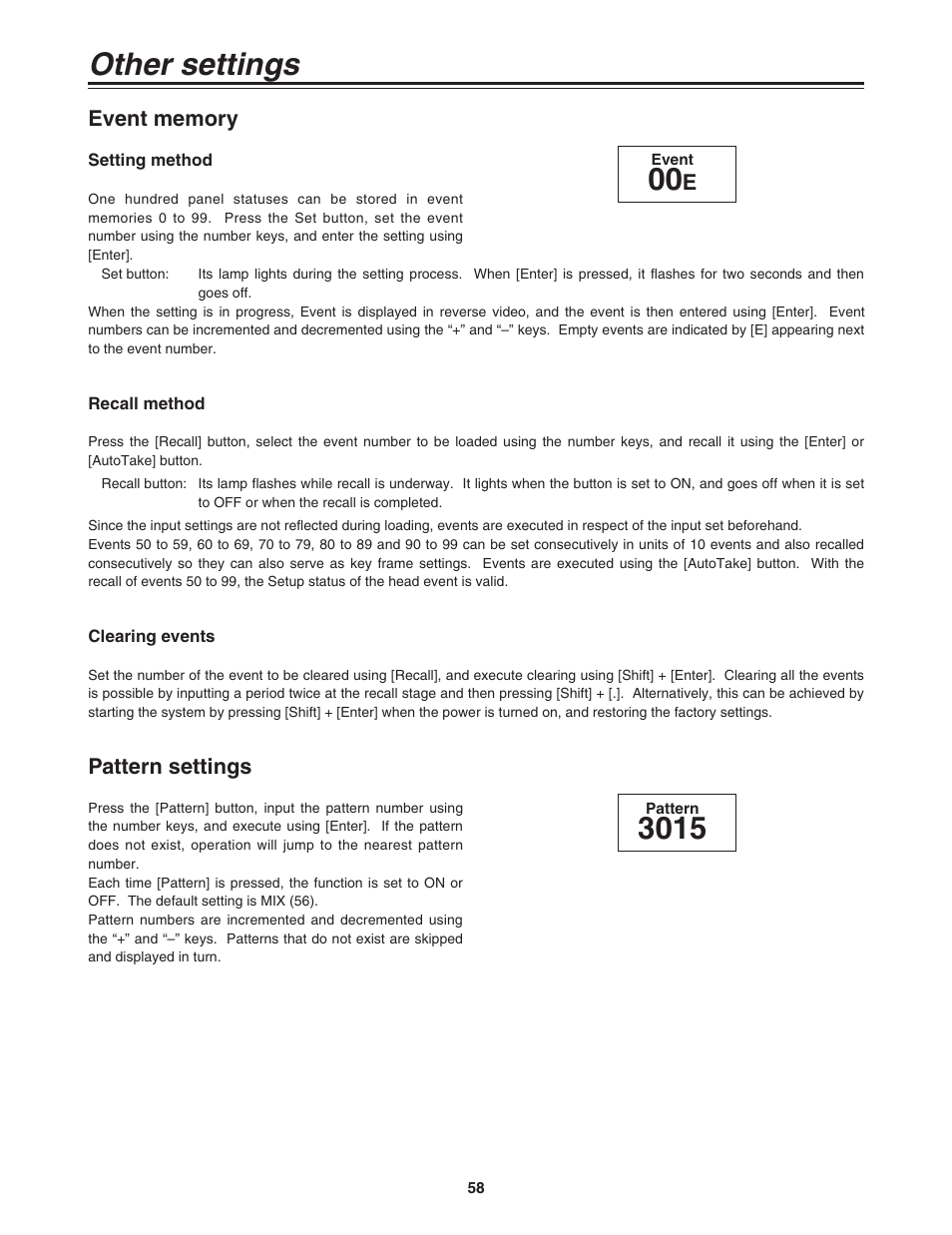 Other settings, Event memory, Pattern settings | Panasonic AG-MX70P User Manual | Page 58 / 100